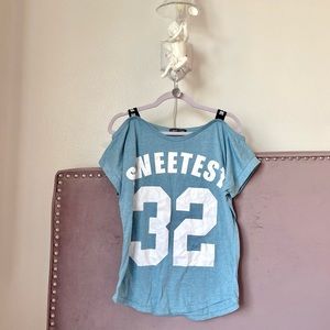 Vintage Y2K 90s grunge punk gothic goth rock /Baby Blue off shoulder graphic top